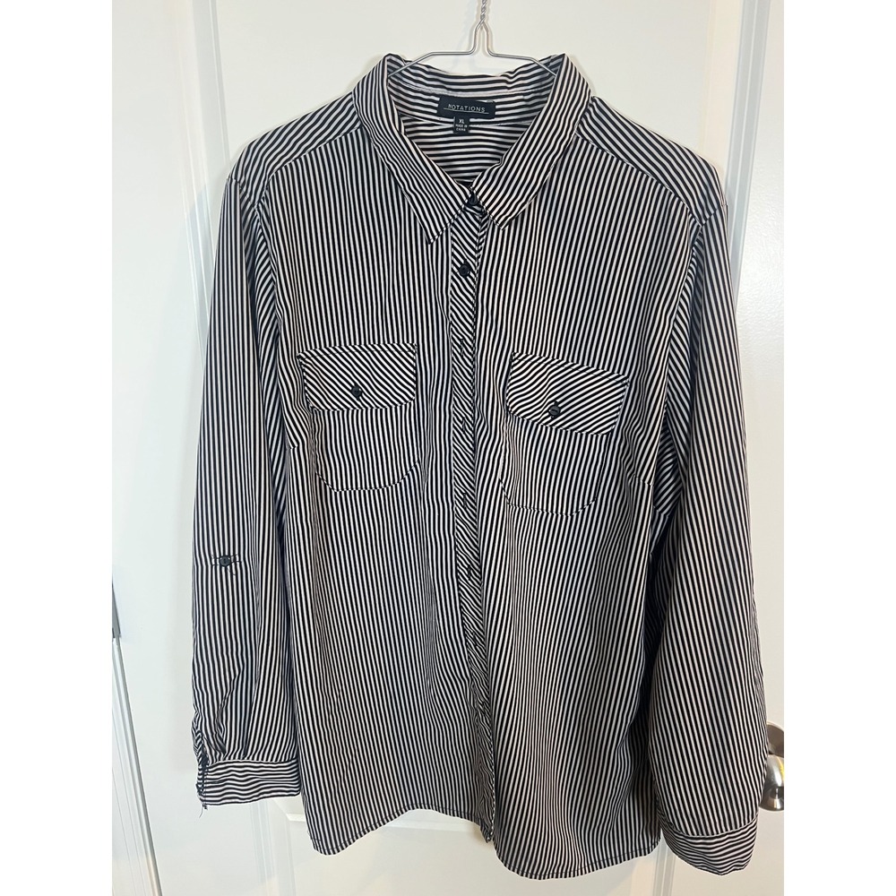 Notations Womens Button Up Shirt Striped Black White XL